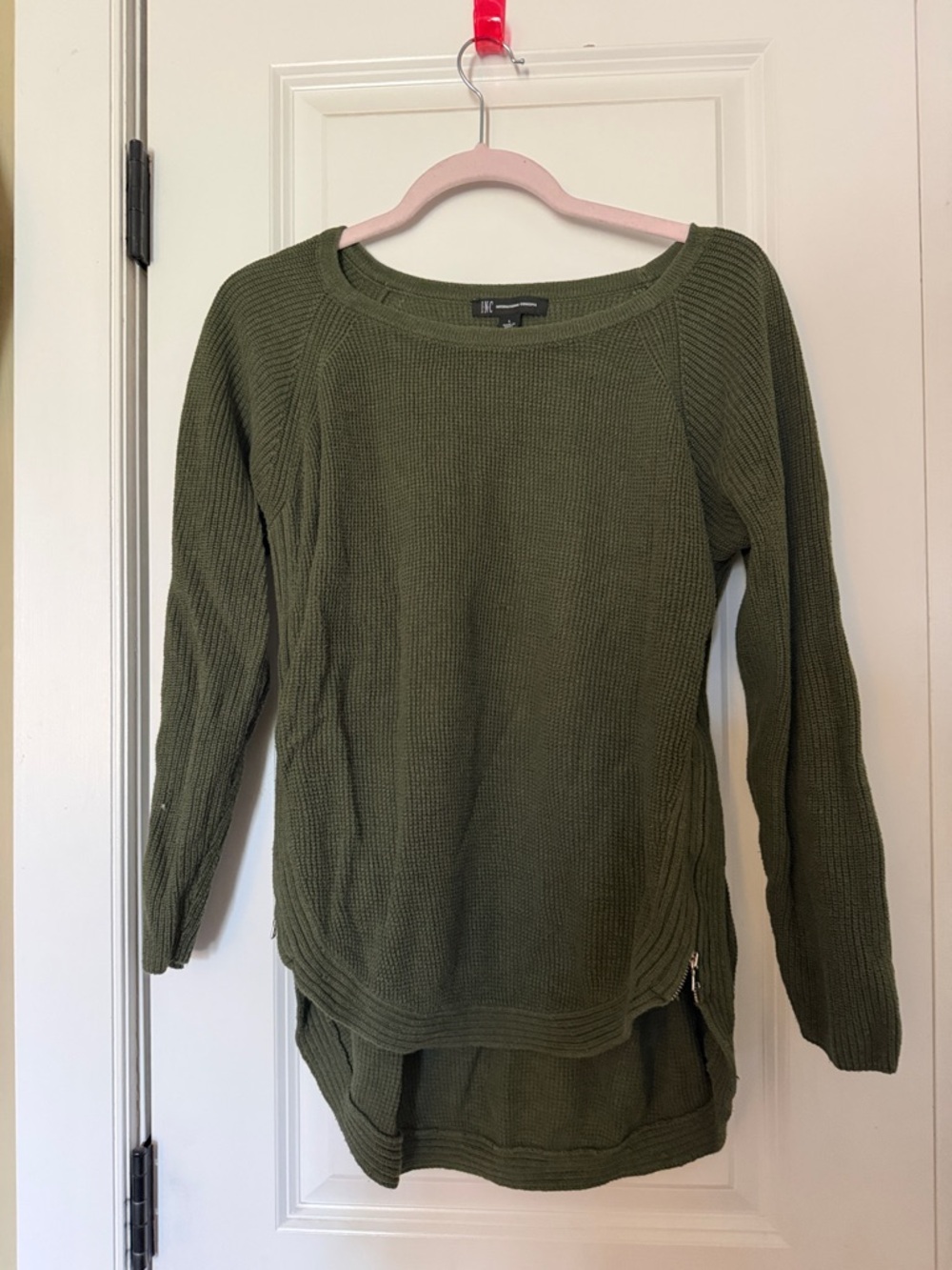 INC International Concepts Olive Green Knit Scoop Neck Sweater with Side Zip